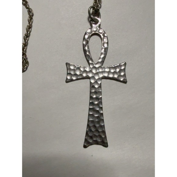 Jewelry - T20255-Vintage Ankh Egyptian Key of Life Pendant Necklace Hammered Silver Tone